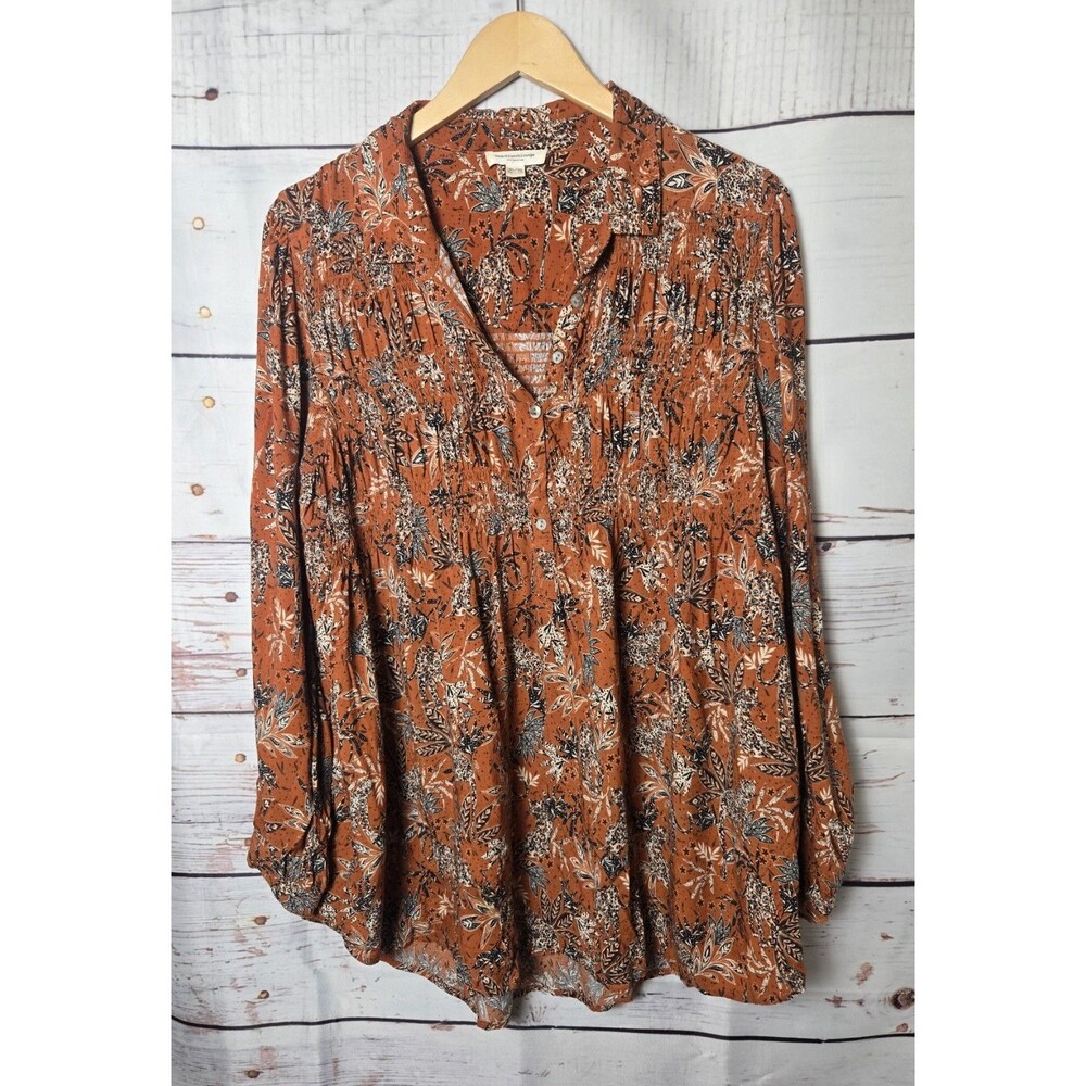 Beachlunchlounge Womens Top Size XL Rust Brown Leopard Print Smocked Tunic Boho